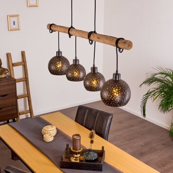 Esstisch-Pendelleuchte Imana mit Holzbalken, schwarzen Lochschirmen, Kabel wickelbar