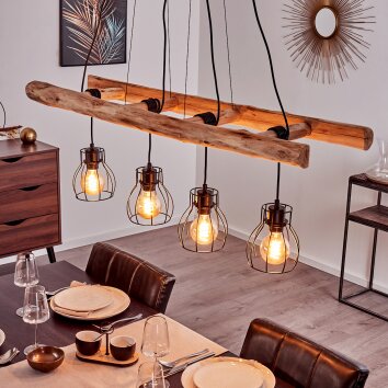 Holzbalken-Pendelleuchte Gondo für den Esstisch, kabelwickelbar, schwarze Metallschirme