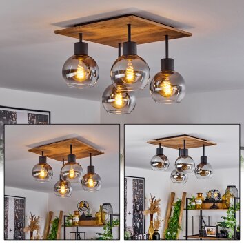 Deckenleuchte Vouhet mit quadratischer Holzoptik-Deckenplatte und 4 Rauchglasschirmen