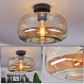 Deckenleuchte Pedreles mit rundem bernsteinfarbenem Glasschirm im Vintage-Stil, E27