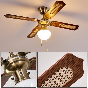 Deckenleuchte mit Ventilator Morea, Flügel mit Geflecht, Gestell in Altmessing
