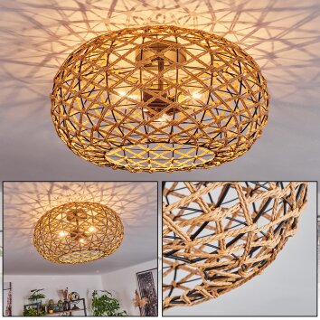 Runde Boho-Deckenleuchte Mulstrand mit naturfarbenem Flechtschirm, 3-flammig