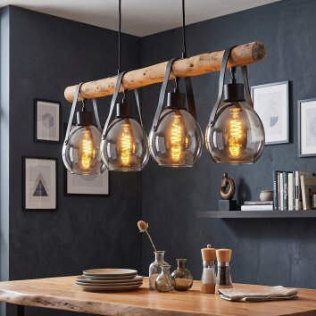 Vintage-Hängeleuchte Hocker mit langem Holzbalken, 4 Rauchglasschirmen für den Esstisch