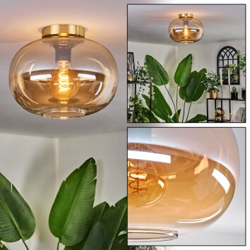 Kugelleuchte Apedo mit bernsteinfarbenem Retro-Glasschirm und goldfarbener Halterung