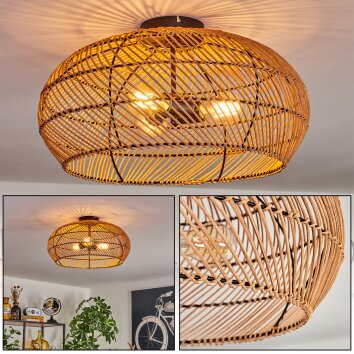 Runde Boho-Deckenleuchte Brandala mit naturfarbenem Rattan-Käfigschirm, 3-flammig