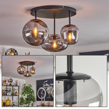 Industrial-Cluster-Deckenleuchte Zernez mit 3 rauchfarbenen Glasschirmen