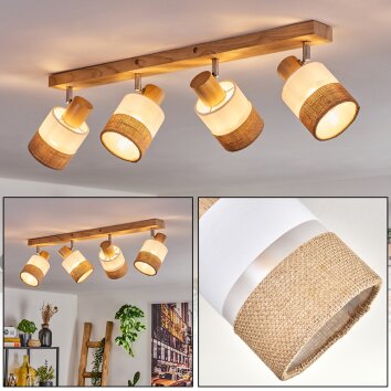 Naturfarbene Boho Holzleisten-Deckenleuchte Fallhagen mit 4 verstellbaren Schirmen