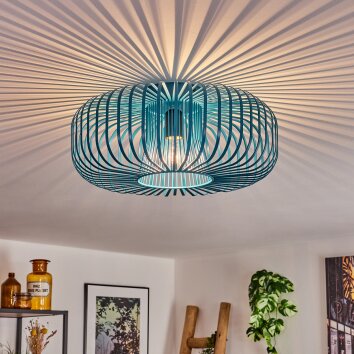 Moderne Deckenleuchte Wemude mit blauer Metallkäfigstruktur und sichtbare E27-Fassung
