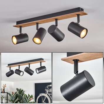 Industrial-Spot-Deckenleuchte Guardais mit Holzoptik-Platte, für Flur und Eingangsbereich