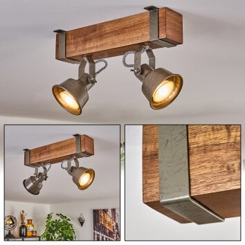 Holz-Balken-Deckenleuchte Pehefito in Dunkelbraun mit zwei schwenkbaren Köpfen
