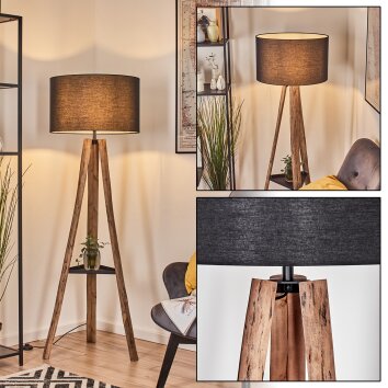 Flemming Dreibein-Stehlampe aus Eukalyptusholz mit Ablage, 155,5 cm, Stoffschirm