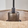 Holzbalken-Pendelleuchte Shiburg in Holz hell mit vier naturfarbenen Stoffschirmen